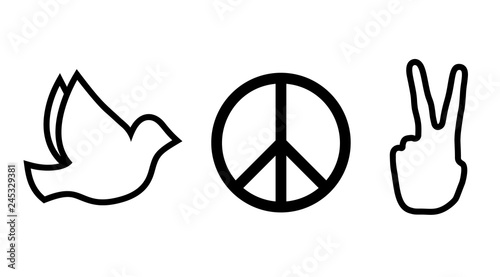 Peace and love signs. Hippie black line icons.