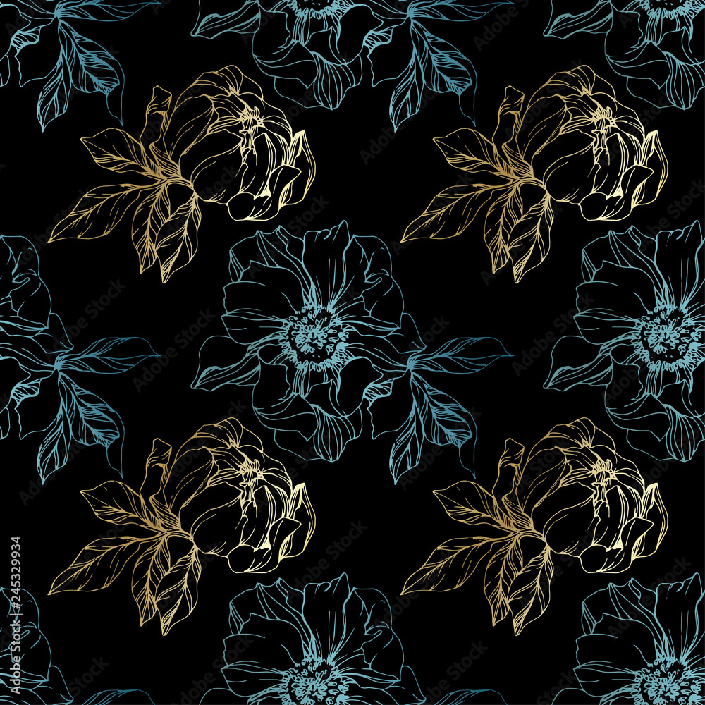Fototapeta Vector Golden and blue peony floral botanical flower. Engraved ink art. Seamless background pattern.