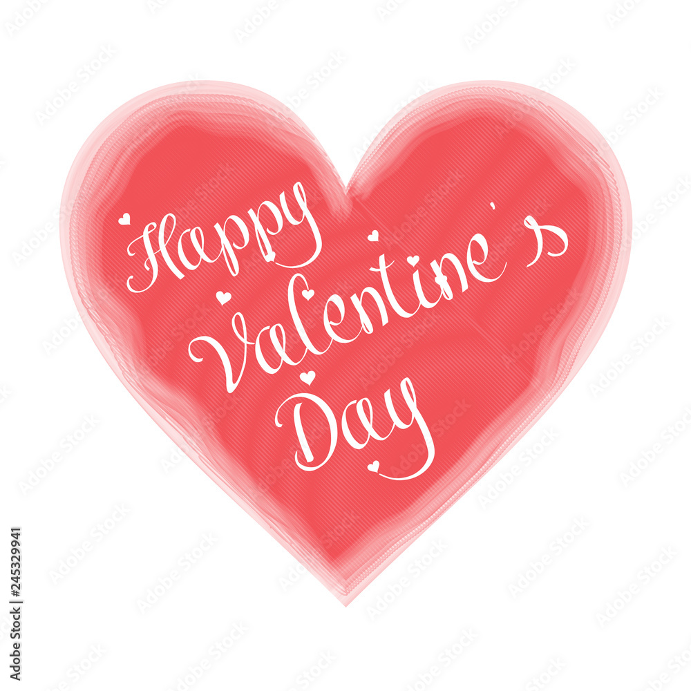 Happy Valentine's day greeting card template with typography text in red heart shape with lettering, watercolor style. Isolated on white background.