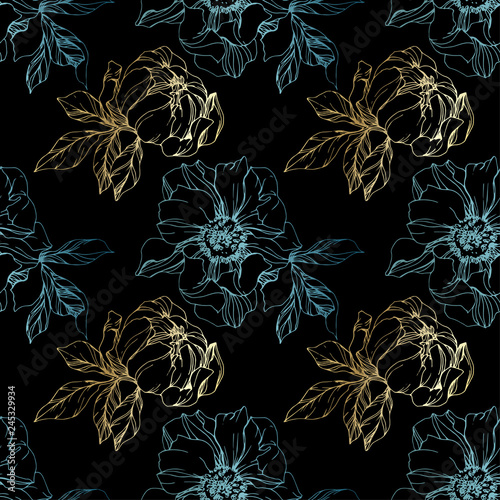 Vector Golden and blue peony floral botanical flower. Engraved ink art. Seamless background pattern.