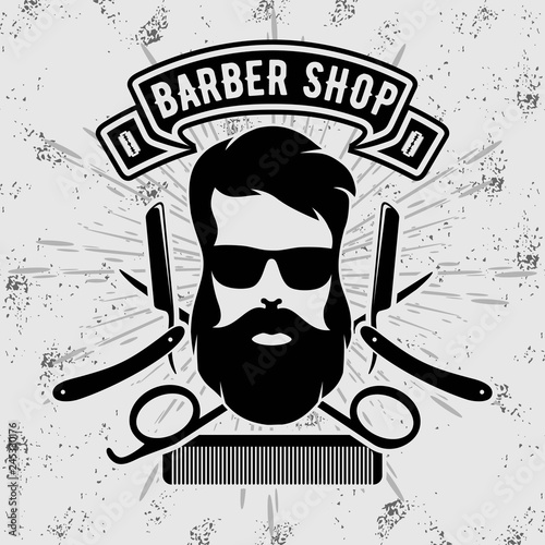 Barber shop vintage poster, banner, label, badge, or emblem on gray background. Vector illustration
