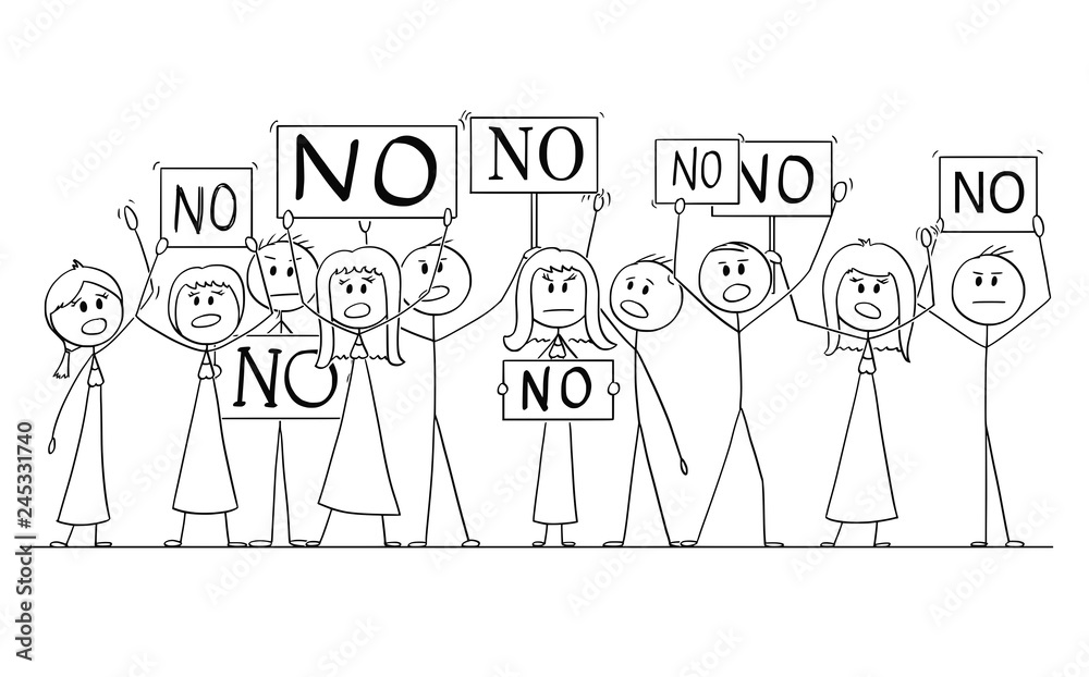 Cartoon stick figure isolated drawing or illustration of group or crowd of protesters protesting with No signs. Cartoon stick figure isolated drawing or illustration of group or crowd of protesters protesting with No signs.