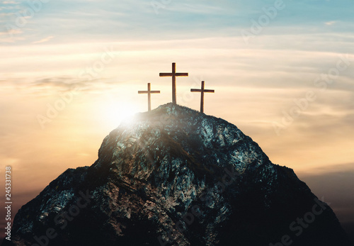 Photography Crucifixion of Jesus Christ, three crosses on hill, 3d rendering