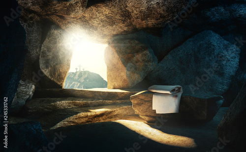Tela Tomb empty with shroud and crucifixion, 3d rendering