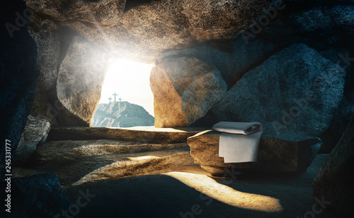 Foto Tomb empty with shroud and crucifixion, 3d rendering