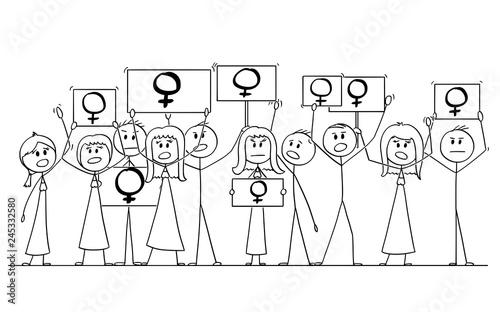 Cartoon stick figure isolated drawing or illustration of group or crowd of protesters protesting with female gender symbol on signs.