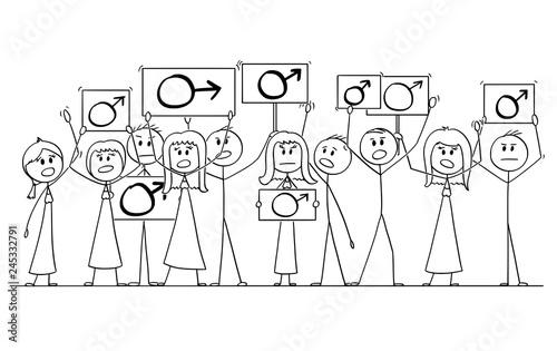 Cartoon stick figure isolated drawing or illustration of group or crowd of protesters protesting with male gender symbol on signs.