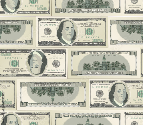 Lot of realistic dummy one hundred USA dollars banknotes in a row  seamless pattern