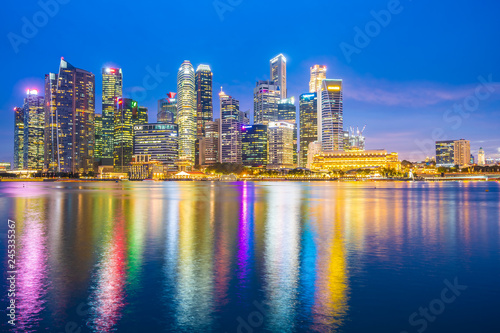 Singapore - 18 Jan 2019 : Beautiful architecture building landmark exterior in the city skyline at twilight and night time