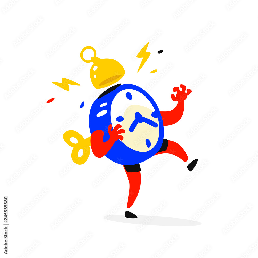 Cartoon character is an alarm clock. Time is running out. The clock is ringing. Time is running out. Image is isolated on white background. Flat illustration for sign, print and website. Schedule. Cartoon character is an alarm clock. Time is running out. The clock is ringing. Time is running out. Image is isolated on white background. Flat illustration for sign, print and website. Schedule.