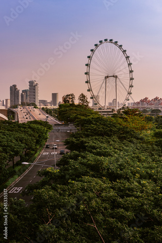 GARDEN BY THE BAY, SINGAPORE- September 20, 2018 : view of Ferris with road full of cars with city as background in the midday. © chonlatit