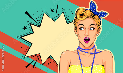 Beautiful surprised pin up girl vector illustration in pop art style photo