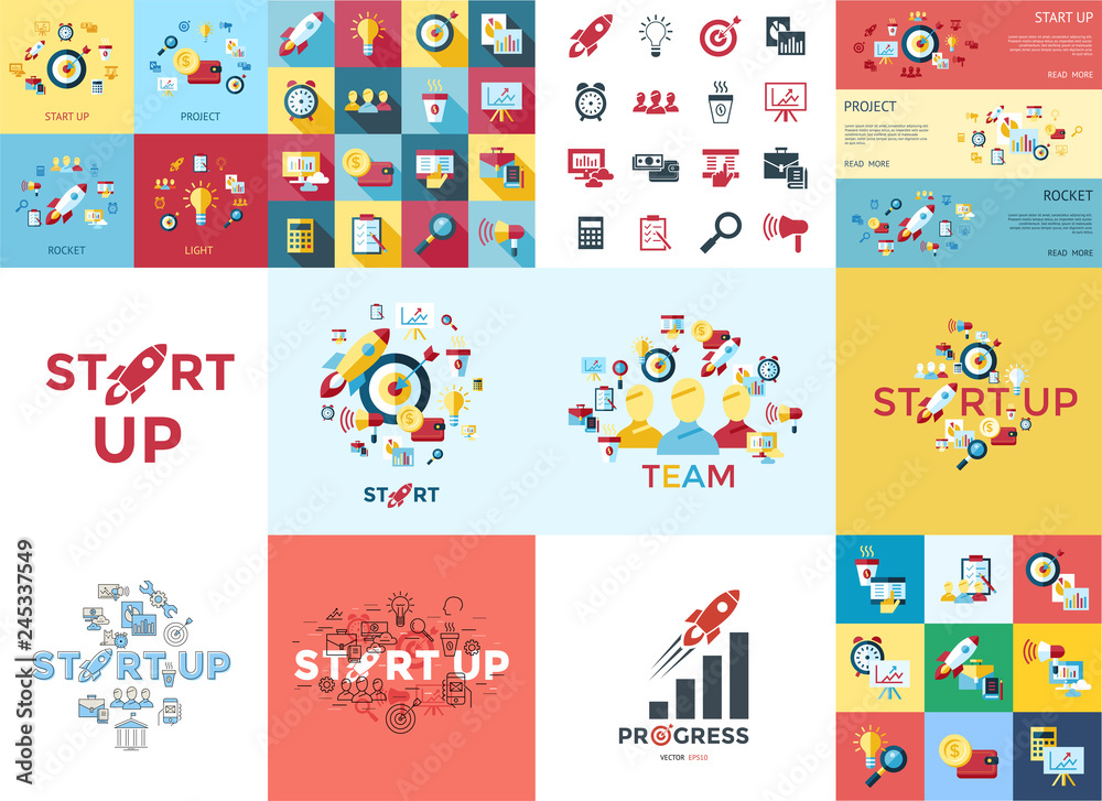 Digital vector red startup icons Digital vector red startup icons