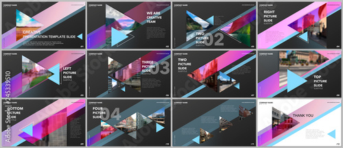 Minimal presentations design, portfolio vector templates with triangles and triangular elements. Multipurpose template for presentation slide, flyer leaflet, brochure cover, report, advertising.