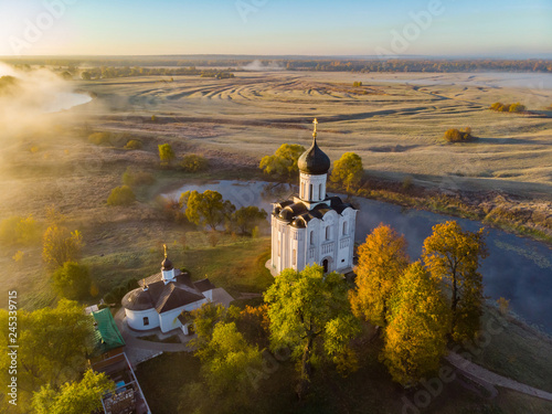 Church of the Intercession of the Holy Virgin on the Nerl River in  morning, Russia. Top view photo