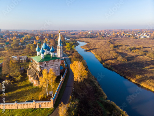 Bird's-eye view of Church of Lady Day in the village of Dunilovo in the Ivanovo Region, Russia