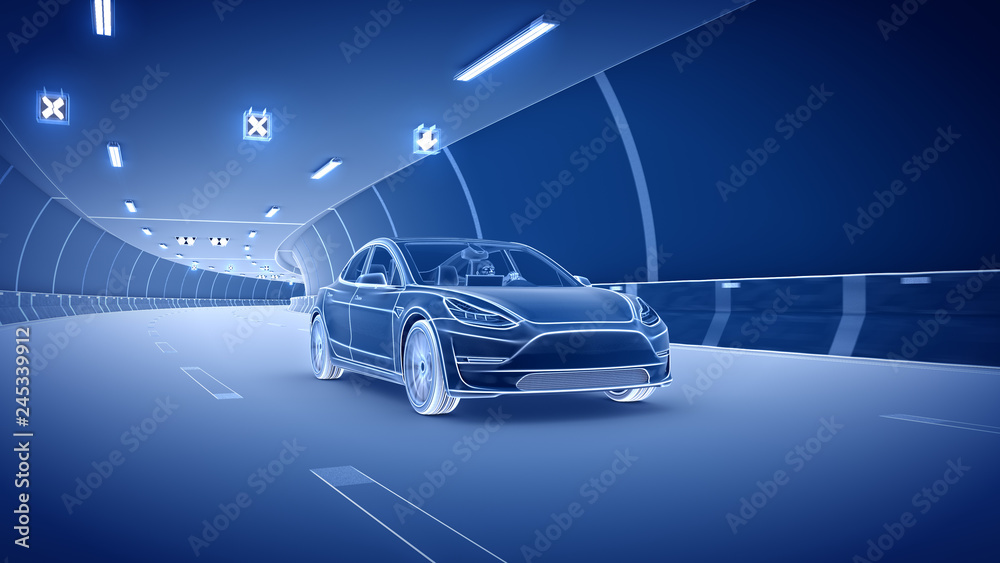 Modern Electric car rides through tunnel 3d rendering