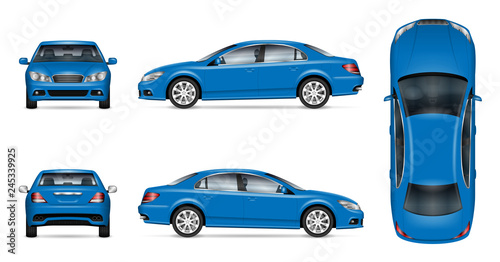 Blue car vector mockup for vehicle branding, advertising, corporate identity. Isolated template of realistic sedan on white background. All elements in the groups on separate layers for easy editing