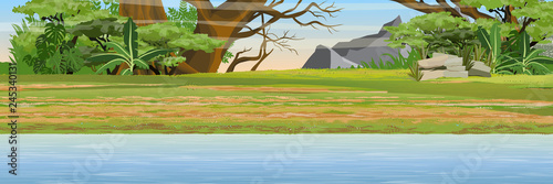 African savannah. River bank. Jungle and mountains on the horizon. Realistic vector landscape. The nature of Africa. Reserves and national parks. 