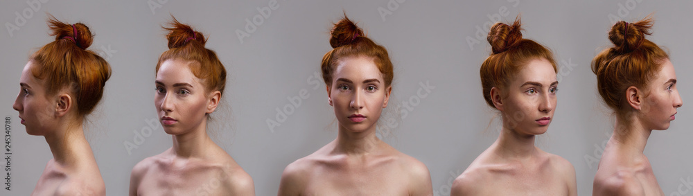 Fototapeta premium Zestaw kolaży portretów. Close-up portret seksowny piękny szczupły czerwone włosy kobiety pozycja na szarym tle. Inny kąt widzenia twarzy dziewczyny.