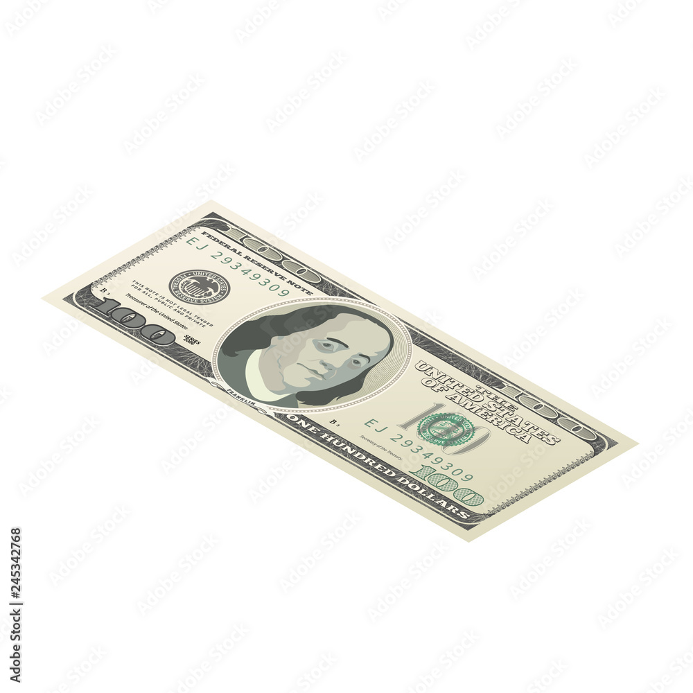 One hundred USA dollars banknote, front side coupure in isometric view on white One hundred USA dollars banknote, front side coupure in isometric view on white