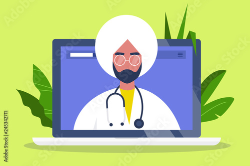 Doctor appointment. Online consultation. Modern healthcare technologies. Hospital. Millennial indian male therapist. Flat editable vector illustration, clip art
