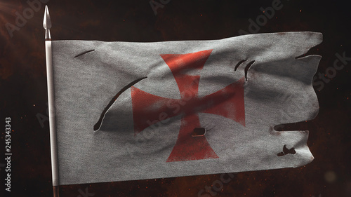 Old Torn Knight War Banner on the spear. Damaged templar flag 3D illustration photo