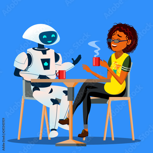 Robot Having A Good Time With Friend Woman At Table In Cafe Vector. Isolated Illustration