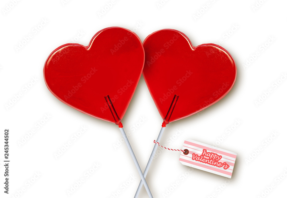 Φωτογραφία wall paper Valentines day greeting card with couple of red heart shape lollipops