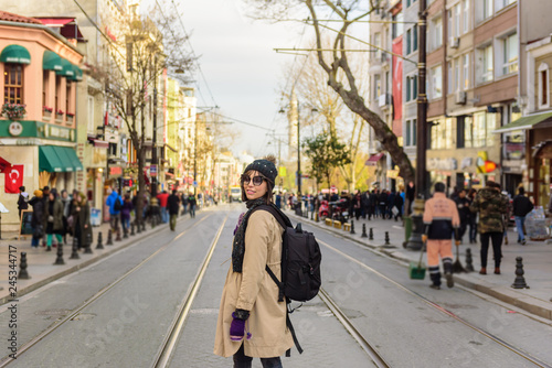 Wallpaper Mural Beautiful woman traveler tourist with backpack Torontodigital.ca