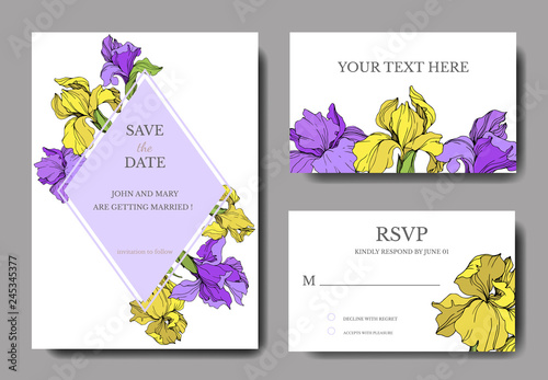 Vector Yellow and purple iris botanical flower. Engraved ink art. Wedding background card floral decorative border.