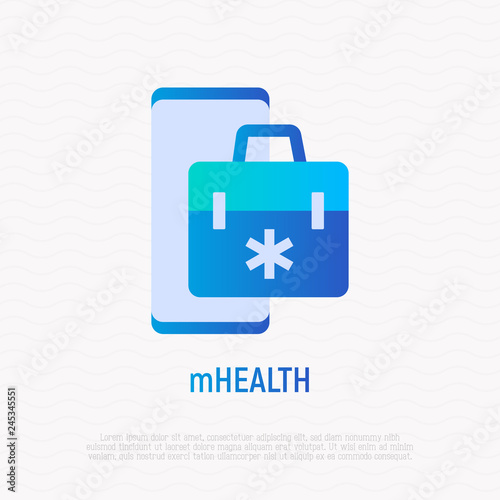 Telemedicine gradient flat icon: first-aid kit on screen of smartphone. Modern vector illustration of online medical consultant.