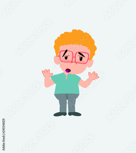 Businessman in casual style makes a gesture of tired resignation.
