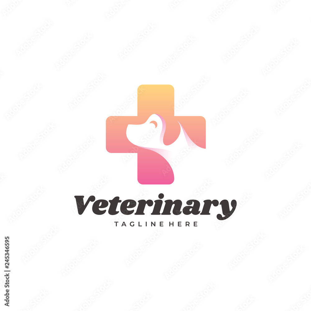 Modern Gradient Color Veterinary Logo, Dog Pet and Cross Vector Icon