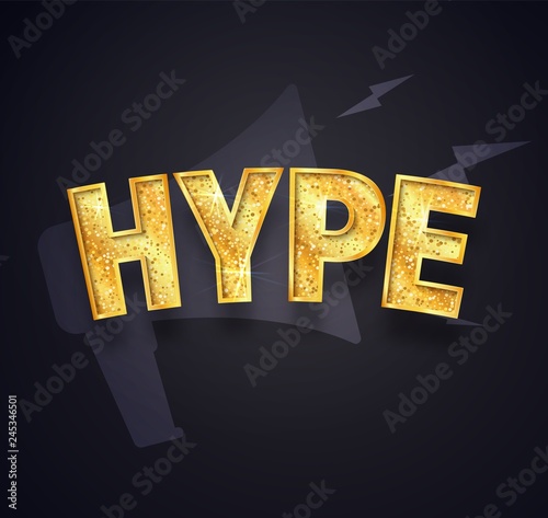 Gold HYPE text isolated vector icon on dark background.