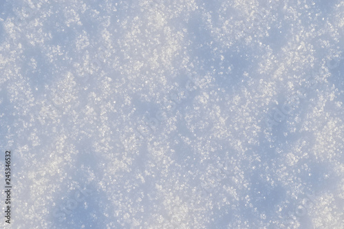 Close up of snow texture, sparkling snow in sunlight, winter background.