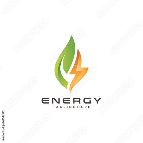 Modern Energy Logo, Leaf and Thunder Lightning Vector Icon
