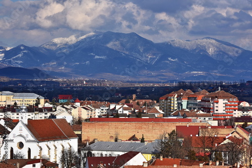 Bistrita, view from Evangelical Church , February 2016, Romania- Mountains of Bargau- Biserica Orthodoxa Coroana - Bistrita,  photo