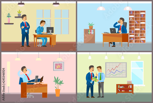 Boss and Employees Working in Office  Business Set