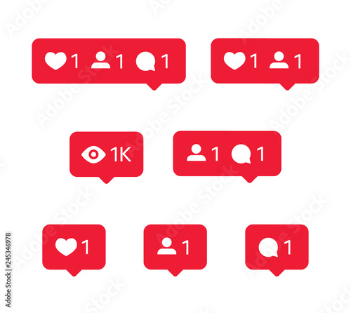 Social network icons set, tooltips, speech bubbles, likes, followers and subscribers and comments, vector illustration