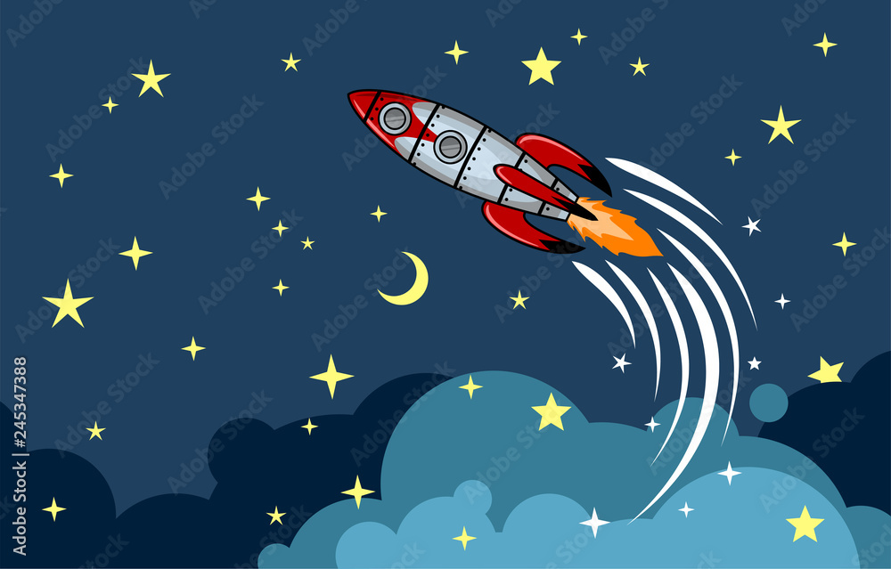 Rocket flying in space among the stars and clouds Rocket flying in space among the stars and clouds