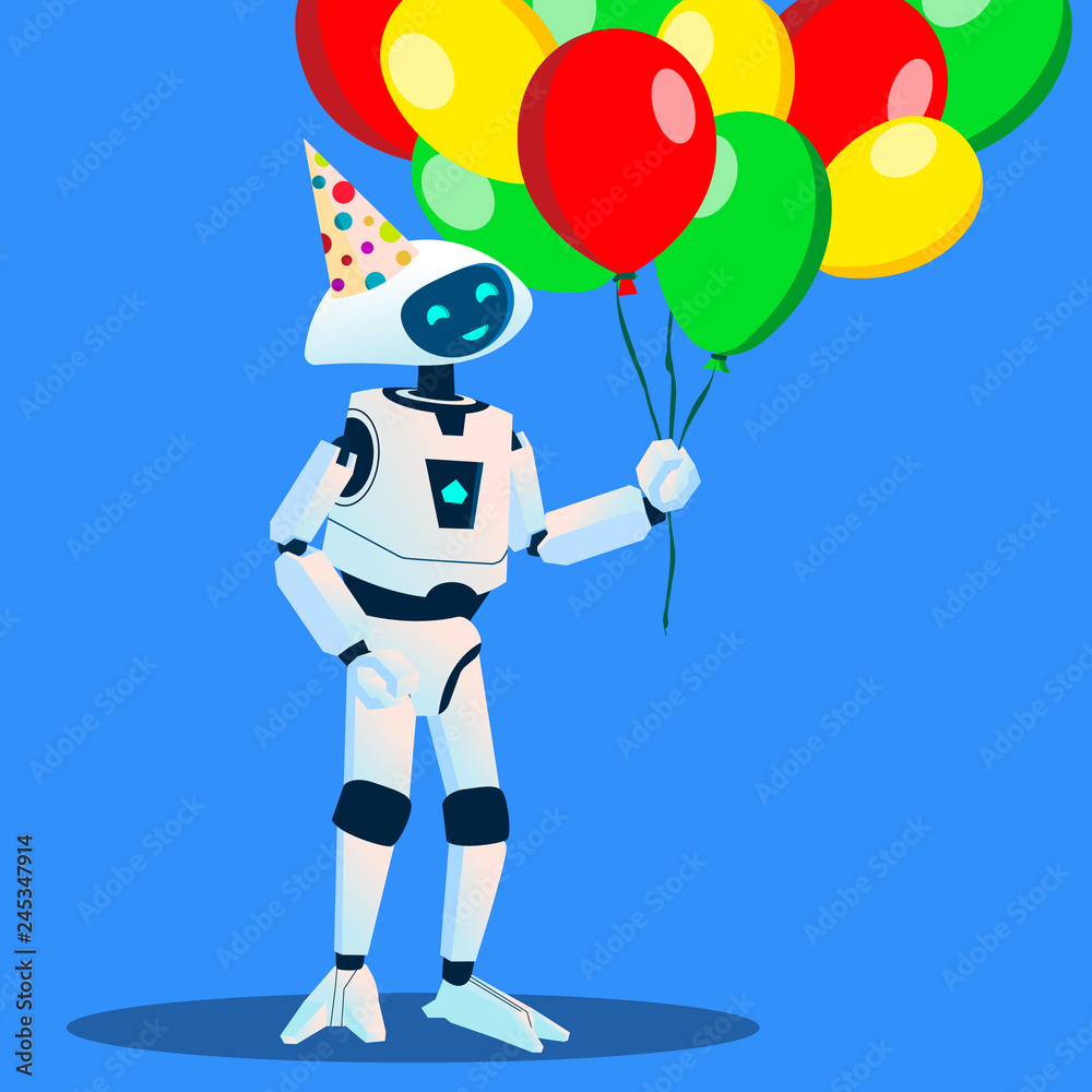 Robot Have Fun With Balloons In Hand And Festive Cap On Head Vector. Isolated Illustration Robot Have Fun With Balloons In Hand And Festive Cap On Head Vector. Isolated Illustration