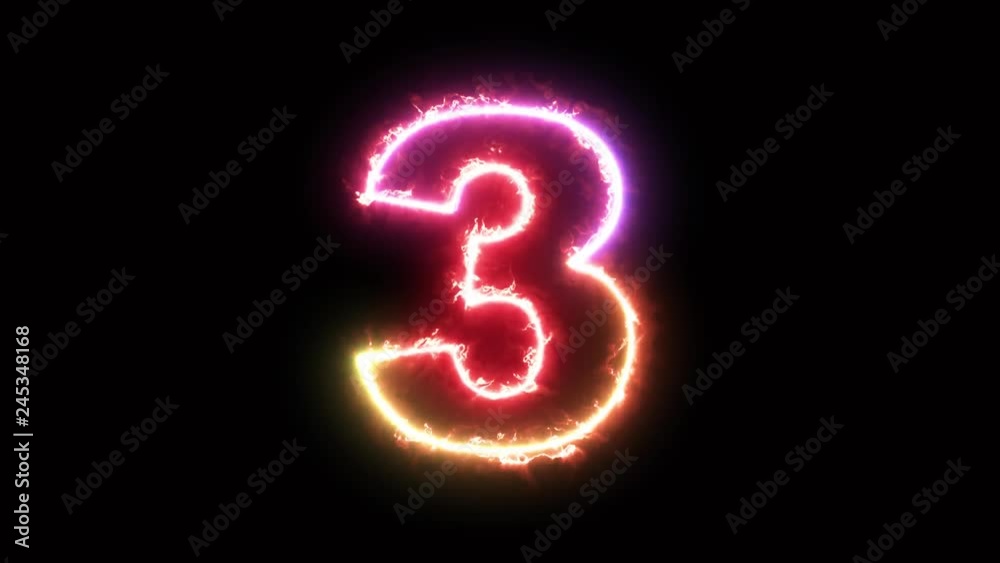 Number 3, number three - colorful lightning energy outline looping on black background in 4k animation design Number 3, number three - colorful lightning energy outline looping on black background in 4k animation design