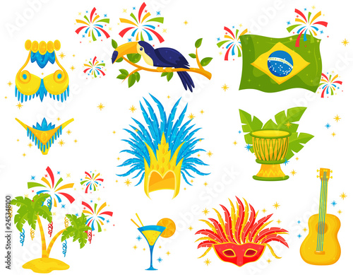 Flat vector set of Brazilian icons. Festive attributes, samba costume, toucan, palm trees and musical instruments