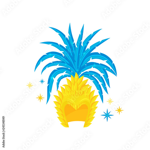 Brazilian headdress with bright blue feathers. Element of carnival costume. Accessory of samba dancer. Flat vector icon