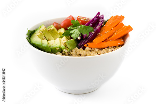 Vegan Buddha bowl with fresh raw vegetables and quinoa isolated on white background