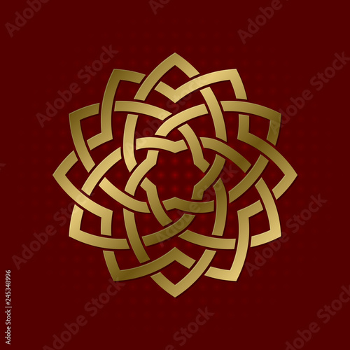 Sacred geometric symbol of twelve flower petals plexus. Golden mandala logo.