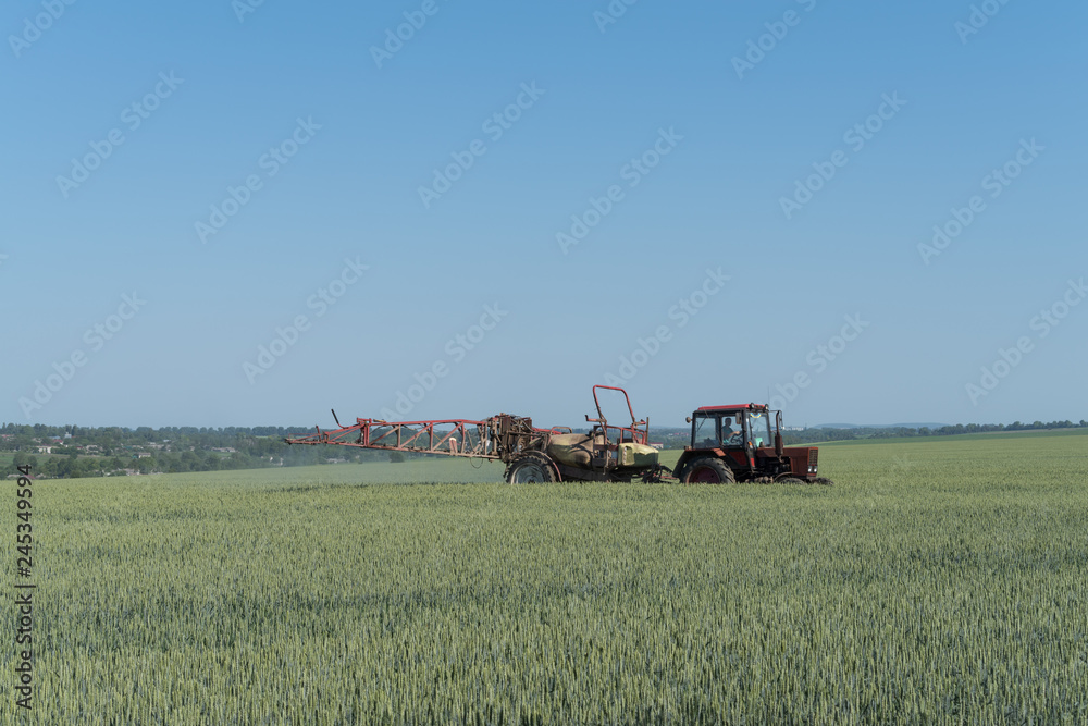 Fototapeta premium Farmer spraying pesticides in green wheat field