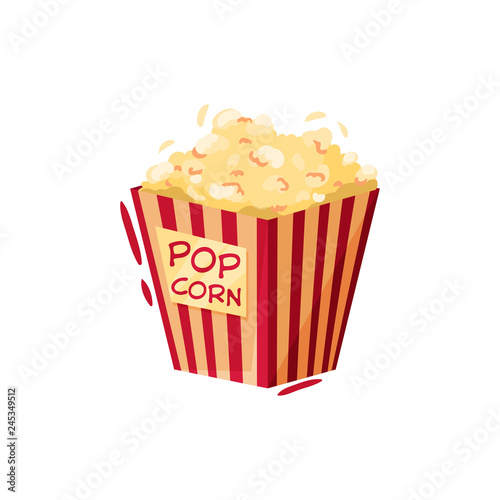 Box of popcorn. Tasty snack. Symbol of cinema or circus. Cartoon vector design for advertising poster or banner