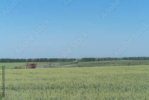 Farmer spraying pesticides in green wheat field